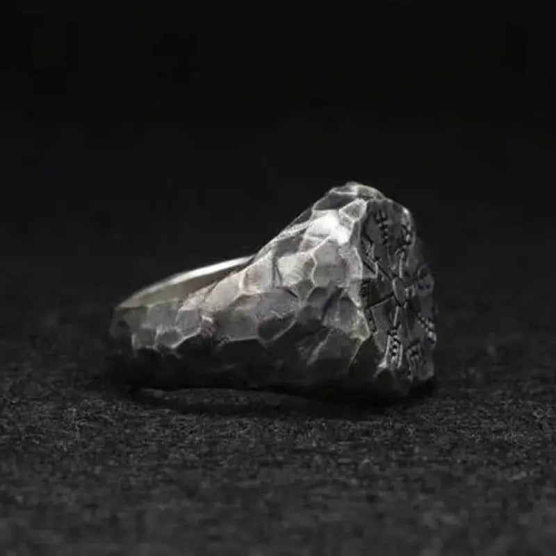 Vintage Viking Steel Ring with Odin Totem Compass