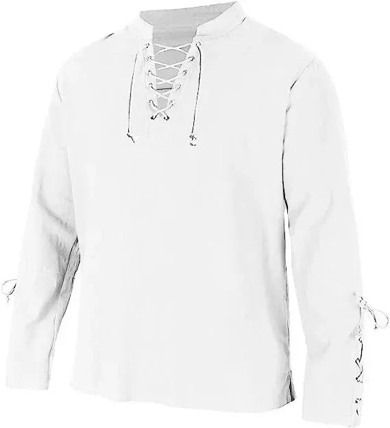 Men&#39;s Cotton Linen Lace-Up Shirt white