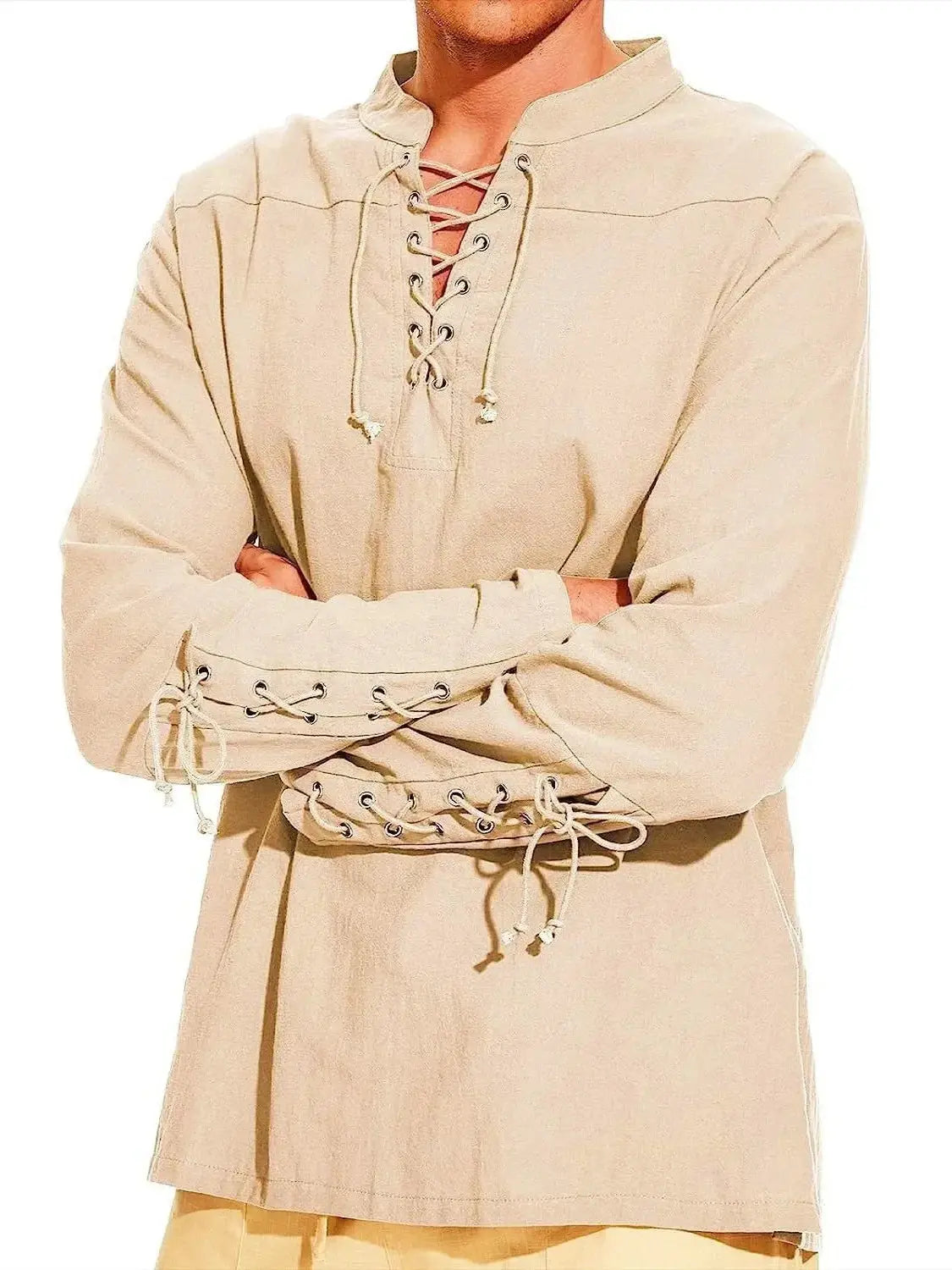 Men&#39;s Cotton Linen Lace-Up Shirt beige