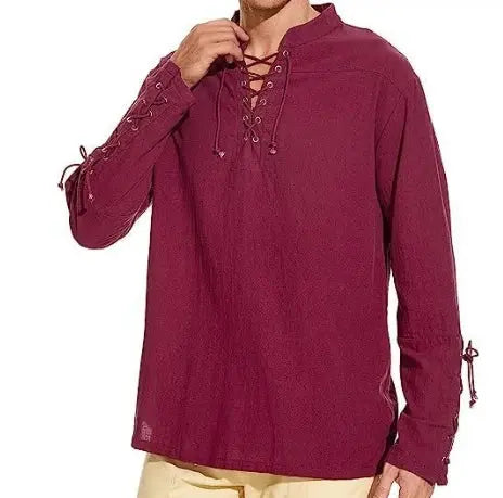 Men&#39;s Cotton Linen Lace-Up Shirt red
