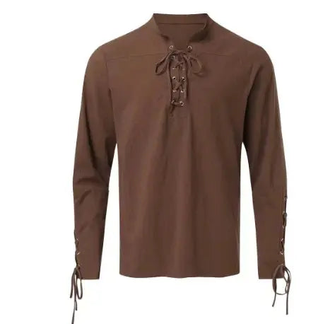 Men&#39;s Cotton Linen Lace-Up Shirt brown