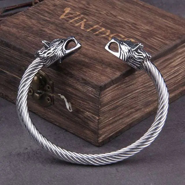 Wolf Head Stainless Steel Cuff Bracelet - Handmade Viking Biker Bracelet, Fenrir & Odin Inspired, Adjustable Size