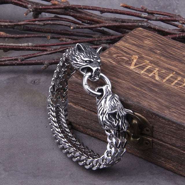 Viking Wolf Head Stainless Steel Leather Bracelet – GTHIC