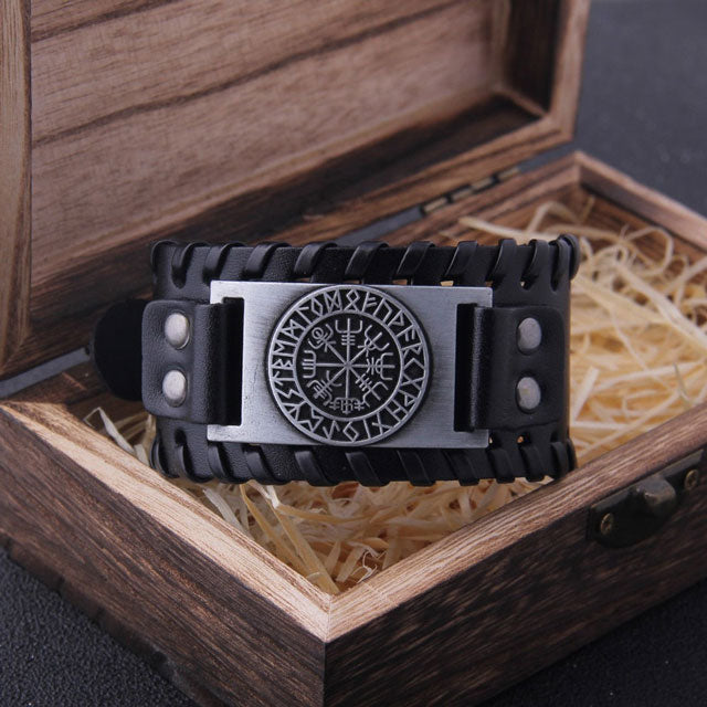 Leather Buckle Arm Cuff With Vegvisir - Viking Heritage Store