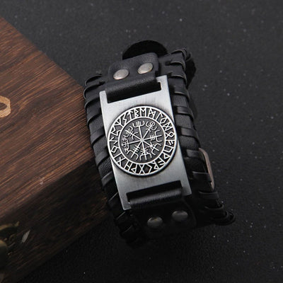 Leather Buckle Arm Cuff With Vegvisir - Viking Heritage Store