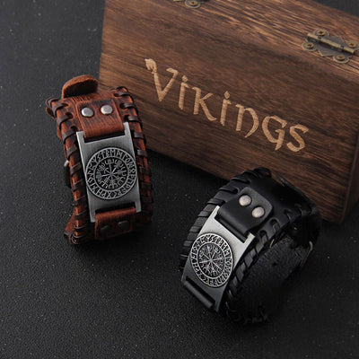 Leather Buckle Arm Cuff Brown With Vegvisir - Viking Heritage Store